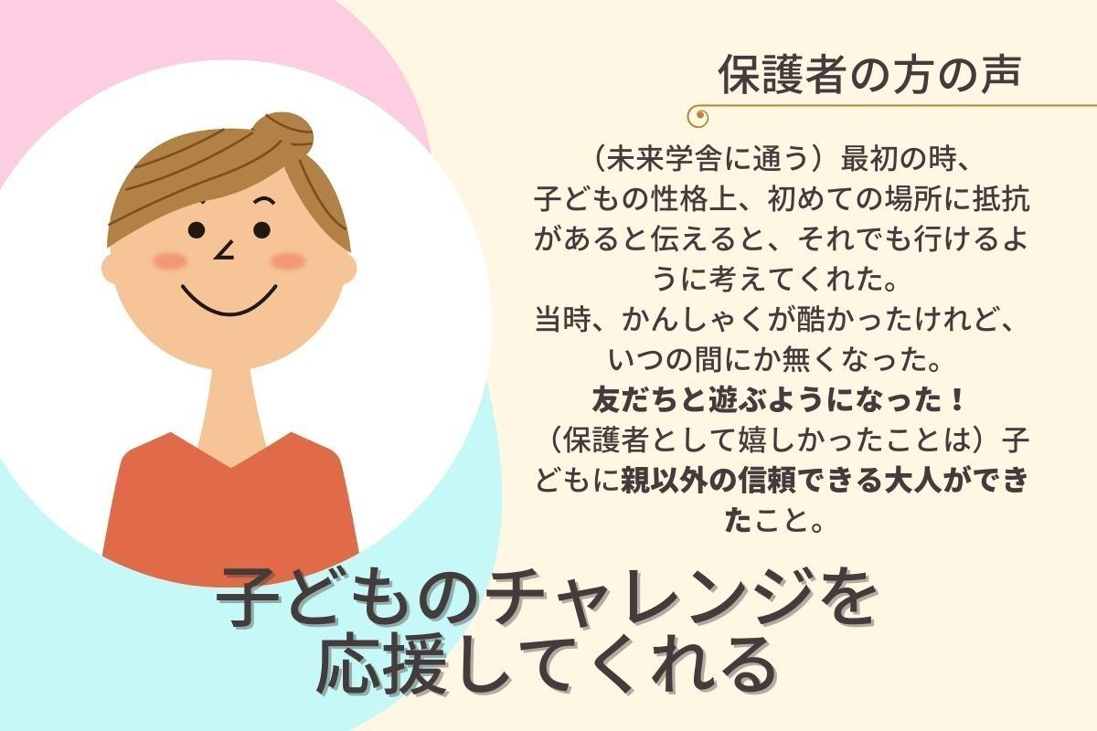 【保護者の声】親も子も信頼して通える（通わせられる）ところ。それぞれの個性を大事にしてくれるところ。その子の良いところも悪いところもちゃんと見ている。チャレンジさせてくれるところ。のメインビジュアル