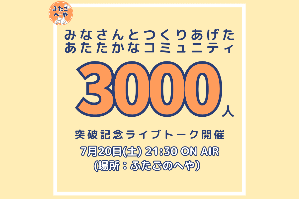 【本日 21:30からです】ふたごのへや 祝！3000人突破記念 ライブトークイベントを開催します！のメインビジュアル