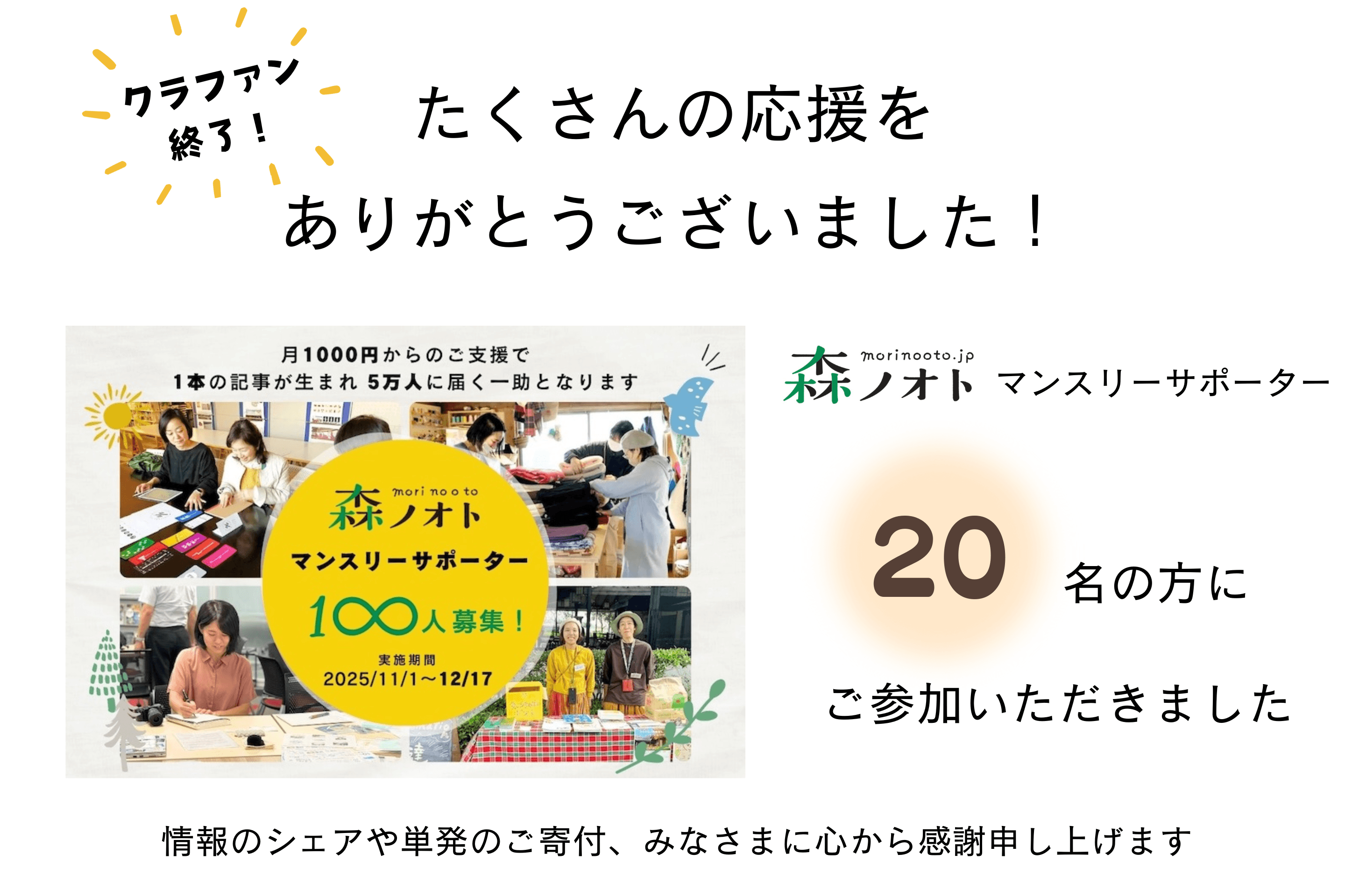 クラファン終了！20名の方に仲間になっていただきました。たくさんの応援をありがとうございました！のメインビジュアル