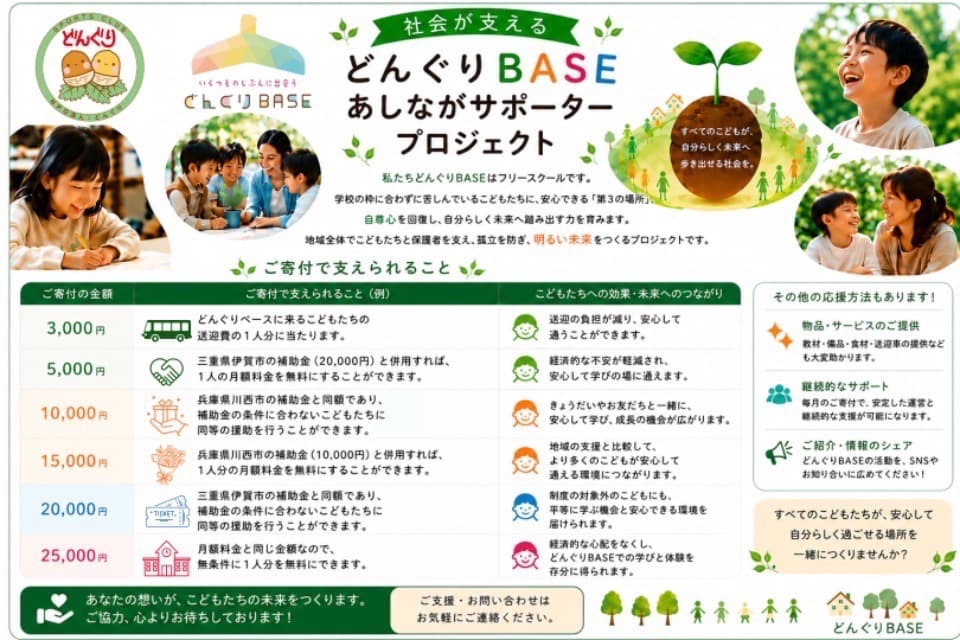 フリースクールどんぐりBASE「社会が支える〜あしながサポーター〜」 Main Visual