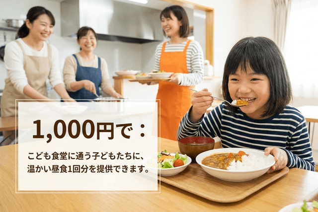 1,000円で: こども食堂に通う子どもたちに、温かい昼食1回分を提供できます。 Image